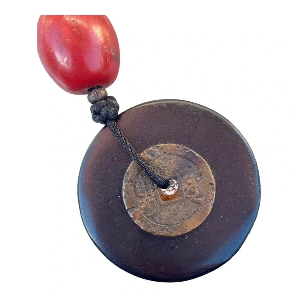 Asian Chinese Coin Donut Medallion Pendant Cord Necklace